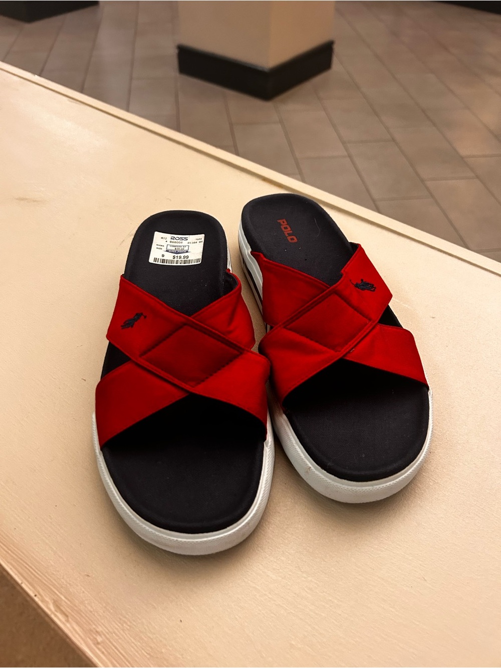 Polo by Ralph Lauren Red Cross-Strap Black Footbed White Sole Slide Sandals 11 B